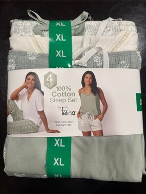 Felina 4-Piece Cotton Sleep Set - Sage and White